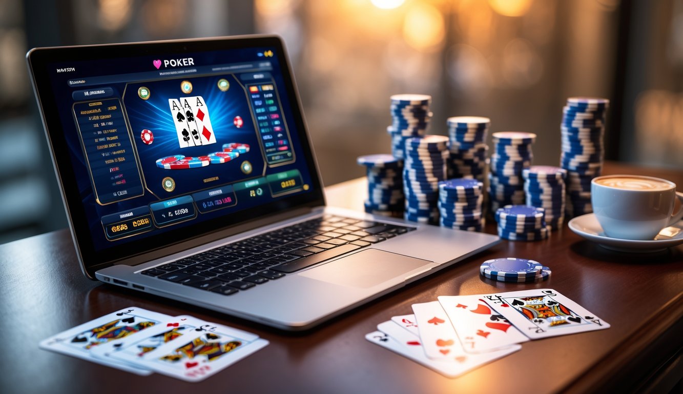 Sebuah laptop menampilkan permainan poker online dengan kartu dan chip poker di atas meja kayu, disertai secangkir kopi di sampingnya.