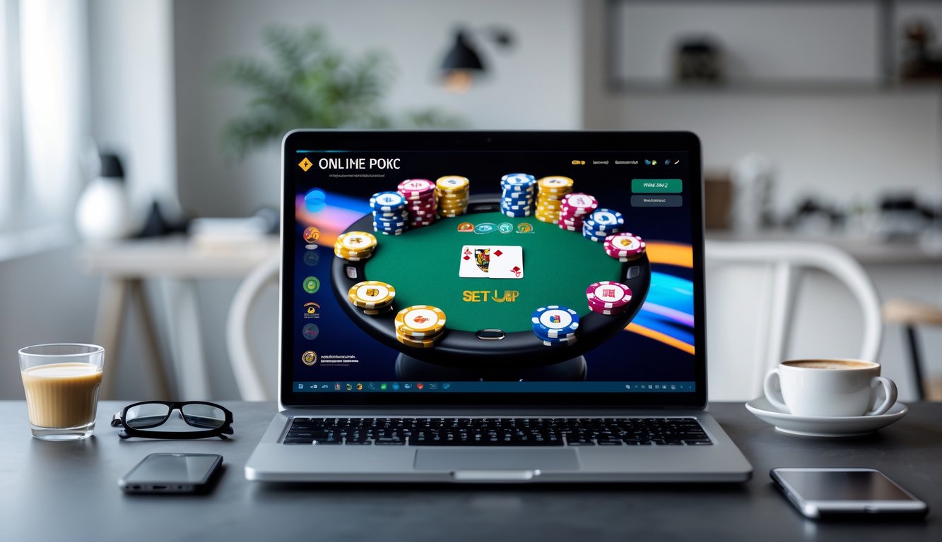 Seseorang bermain poker online di depan komputer dengan meja poker digital dan chip warna-warni di layar.