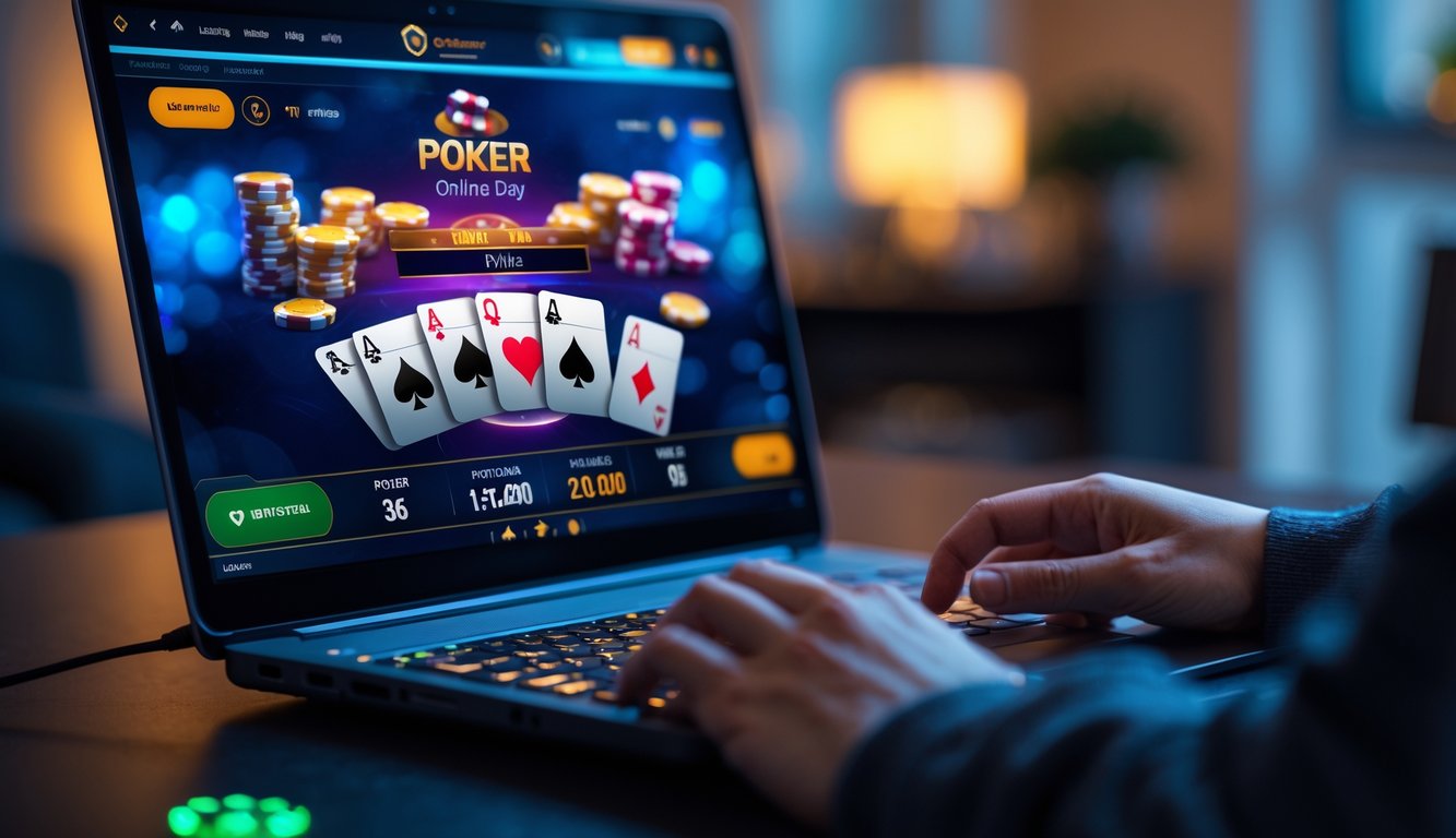 Seseorang bermain poker online di depan komputer dalam ruangan yang nyaman.