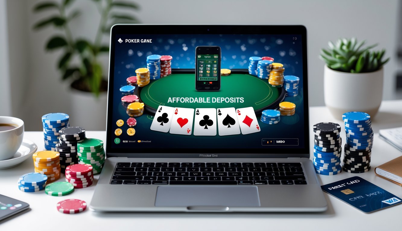 Seorang pemain poker online menggunakan laptop dengan tumpukan chip poker dan ponsel di meja kerja yang rapi.