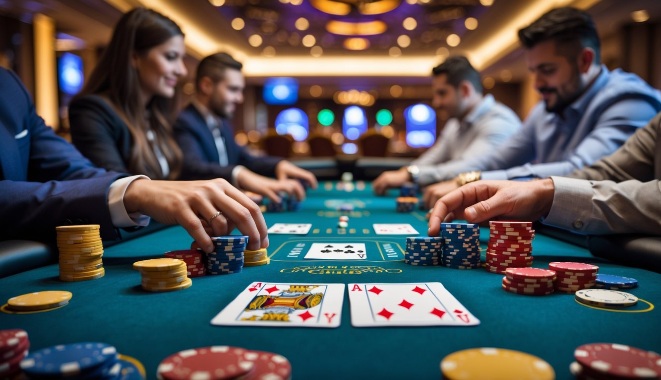 Meja poker dengan kartu dan tumpukan chip, pemain sedang bermain di kasino modern.