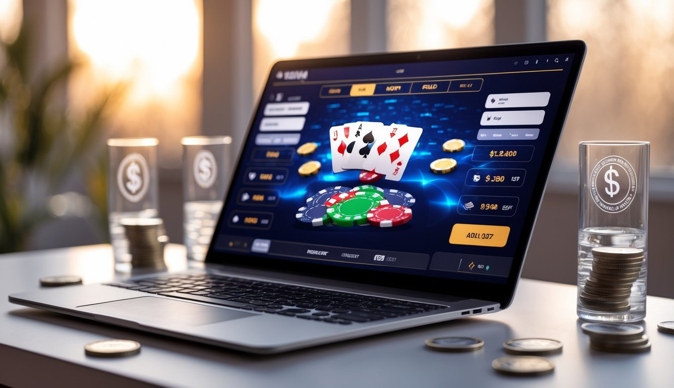 Seorang pemain menggunakan laptop untuk bermain poker online dengan tampilan meja poker dan chip di layar.