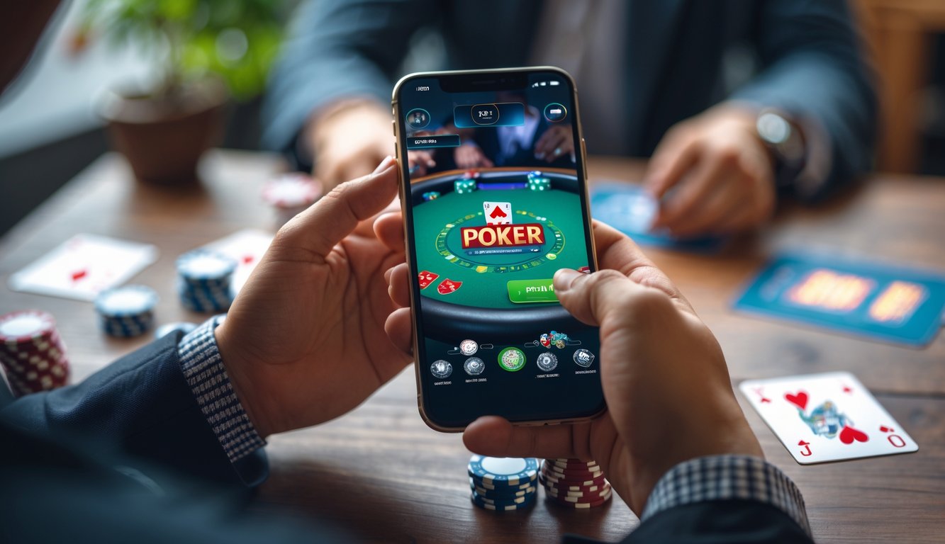 Seseorang sedang bermain poker online menggunakan ponsel di atas meja kayu dengan chip poker dan kartu bermain di sekitar.