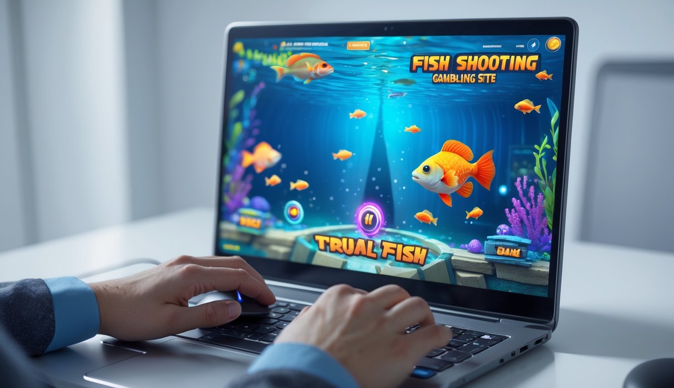 Seseorang sedang bermain game tembak ikan di komputer dengan layar menampilkan ikan berwarna-warni di bawah laut.