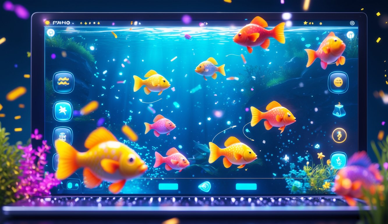 Antarmuka permainan memancing online dengan ikan berwarna-warni di latar bawah laut digital.