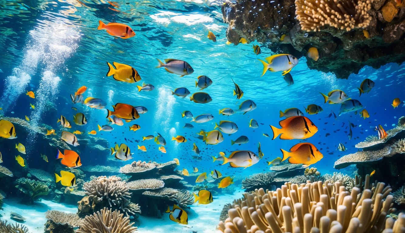 Pemandangan bawah air dengan ikan berwarna-warni berenang di antara terumbu karang.
