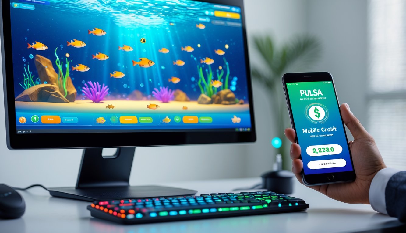 Sebuah setup komputer dan ponsel yang menampilkan permainan tembak ikan dengan transaksi deposit pulsa.