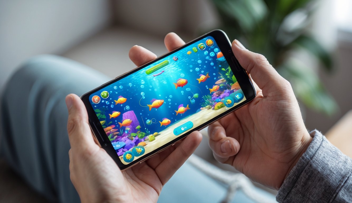 Seseorang memegang ponsel Android yang menampilkan permainan memancing ikan di layar.