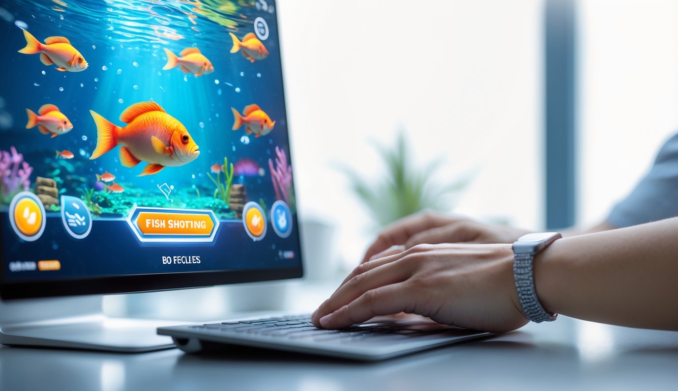 Layar perangkat menampilkan permainan tembak ikan dengan latar bawah laut dan ikon transaksi cepat.