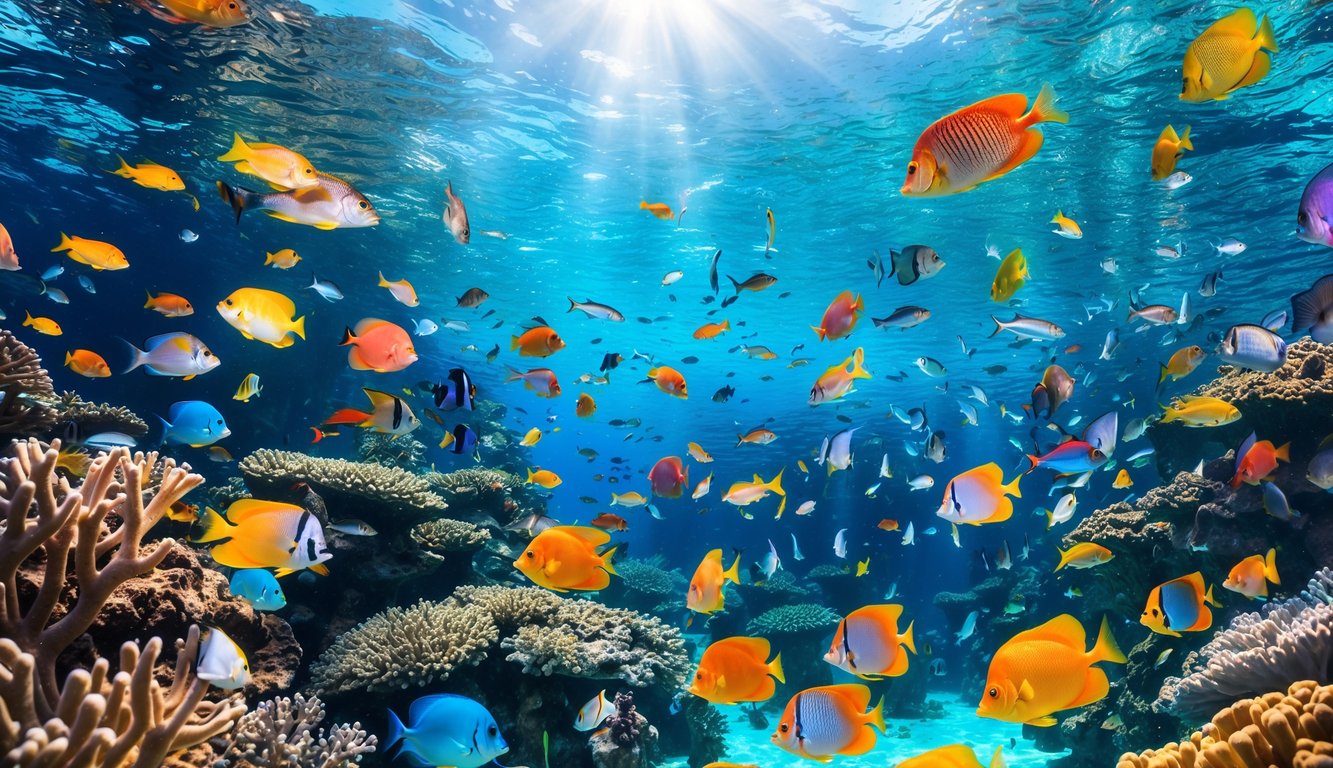 Pemandangan bawah laut yang penuh dengan berbagai ikan tropis berwarna-warni yang berenang di antara terumbu karang.