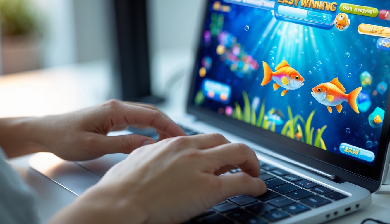 Seseorang sedang bermain game tembak ikan di perangkat digital dengan tampilan ikan berwarna-warni di layar.