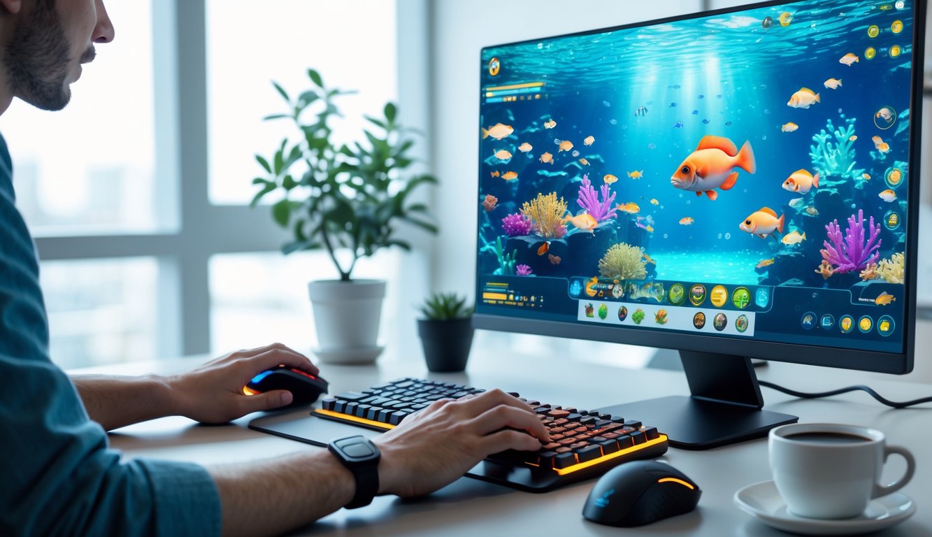Seseorang menggunakan komputer dengan layar menampilkan permainan tembak ikan bertema bawah laut, di sebuah meja kerja dengan tanaman dan cangkir kopi.