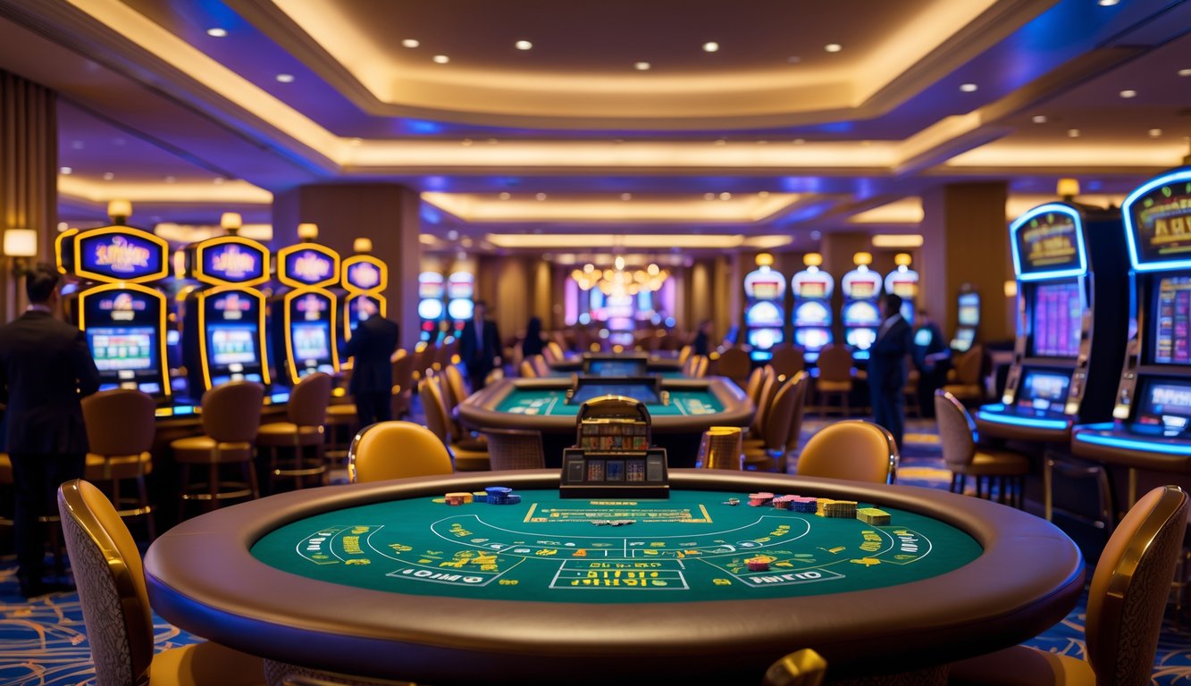 Interior kasino mewah dengan meja permainan dan mesin slot, beberapa orang bermain di dalamnya.