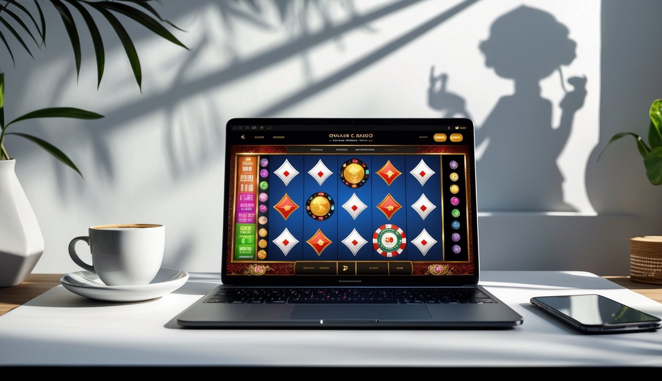 Sebuah laptop di meja dengan layar menampilkan permainan kasino online, dikelilingi oleh dekorasi yang terinspirasi dari budaya Indonesia.