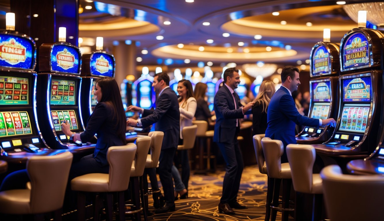 Suasana kasino yang ramai dengan orang-orang bermain mesin slot dan permainan judi lainnya di dalam ruangan yang terang dan mewah.