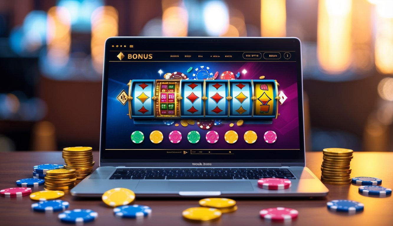 Laptop di meja dengan layar menampilkan permainan kasino online, dikelilingi chip poker dan koin emas.