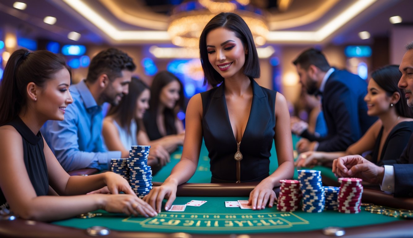 Seorang dealer wanita sedang membagikan kartu di meja kasino dengan pemain yang fokus dan suasana kasino yang hidup.