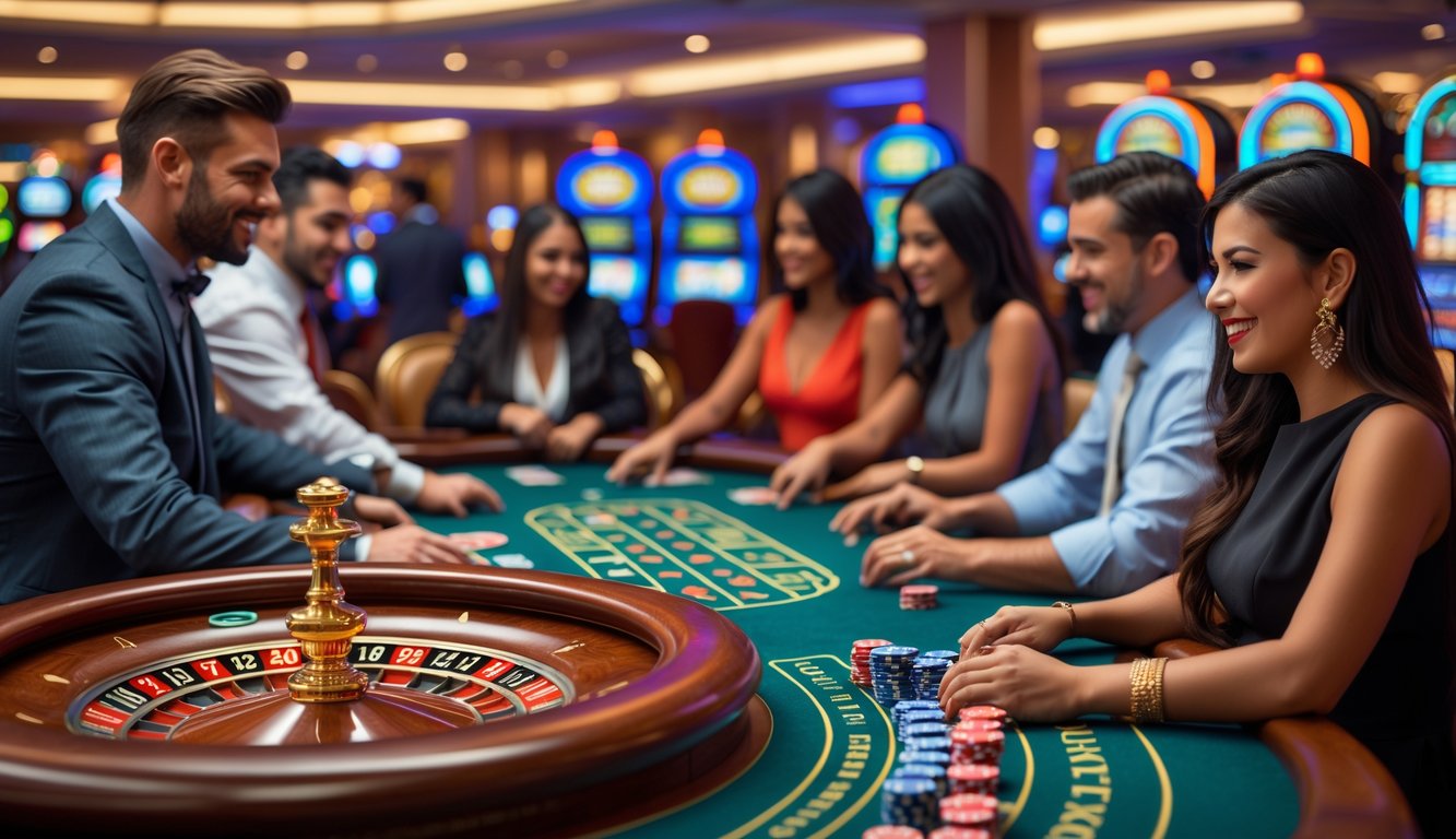 Suasana kasino dengan berbagai permainan populer seperti blackjack, roulette, poker, dan mesin slot dengan pemain yang sedang bermain.