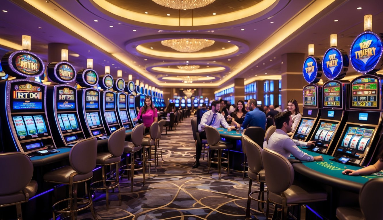 Interior kasino modern dengan mesin slot dan meja permainan, menampilkan suasana ramai dan pemain yang sedang bermain.