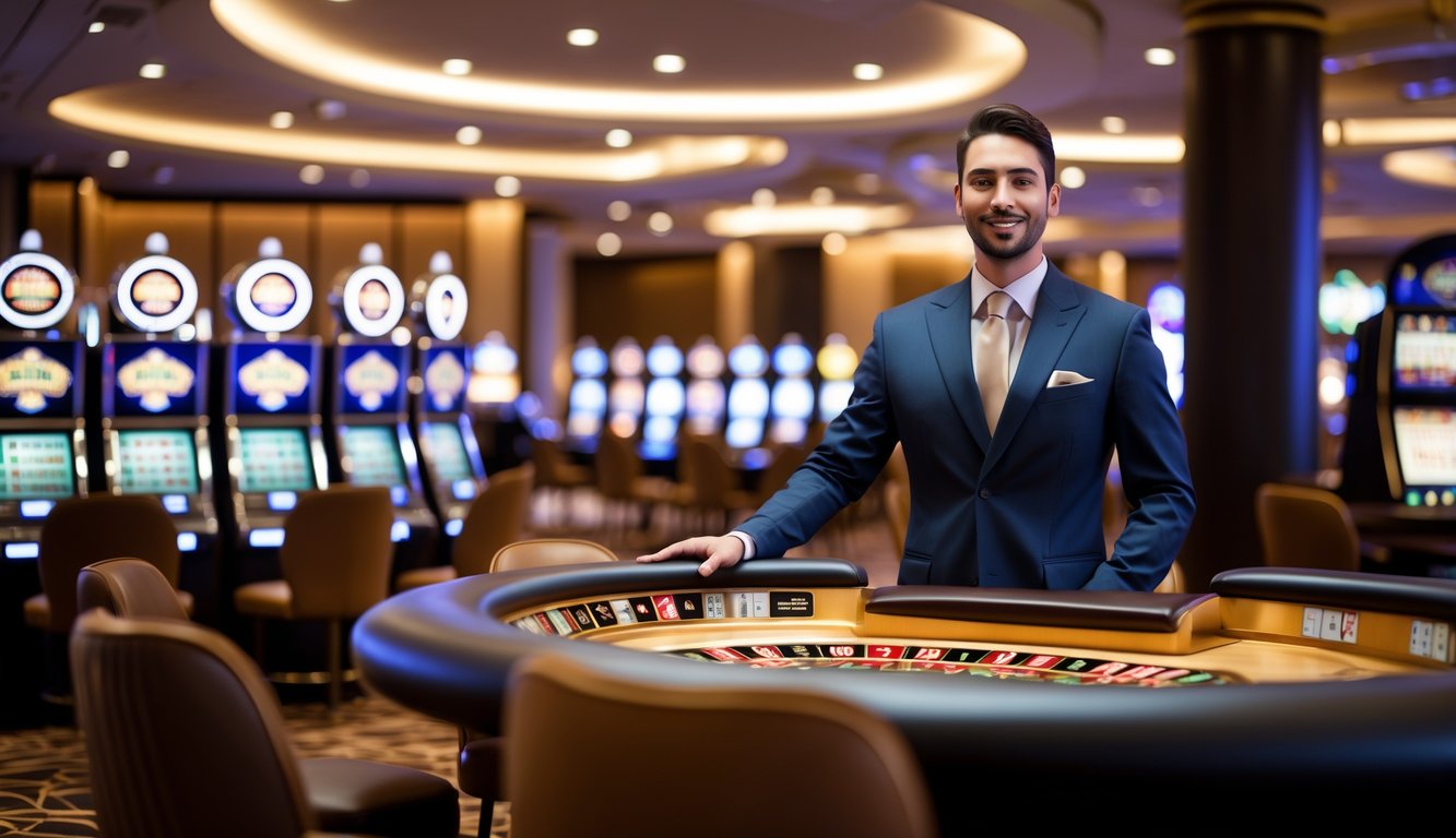 Seorang dealer kasino berpakaian rapi berdiri di belakang meja permainan di dalam kasino yang modern dan elegan.