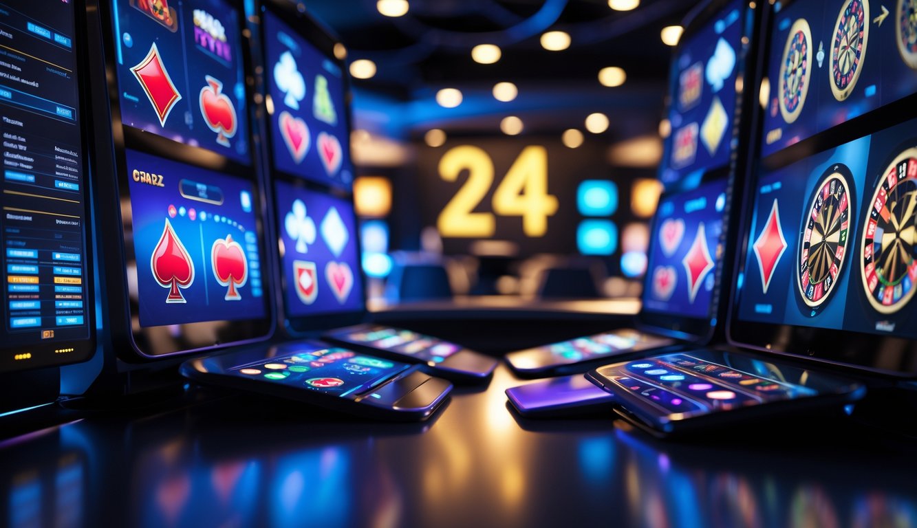 Suasana kasino online dengan layar menampilkan permainan kasino dan chip di ruang santai modern.