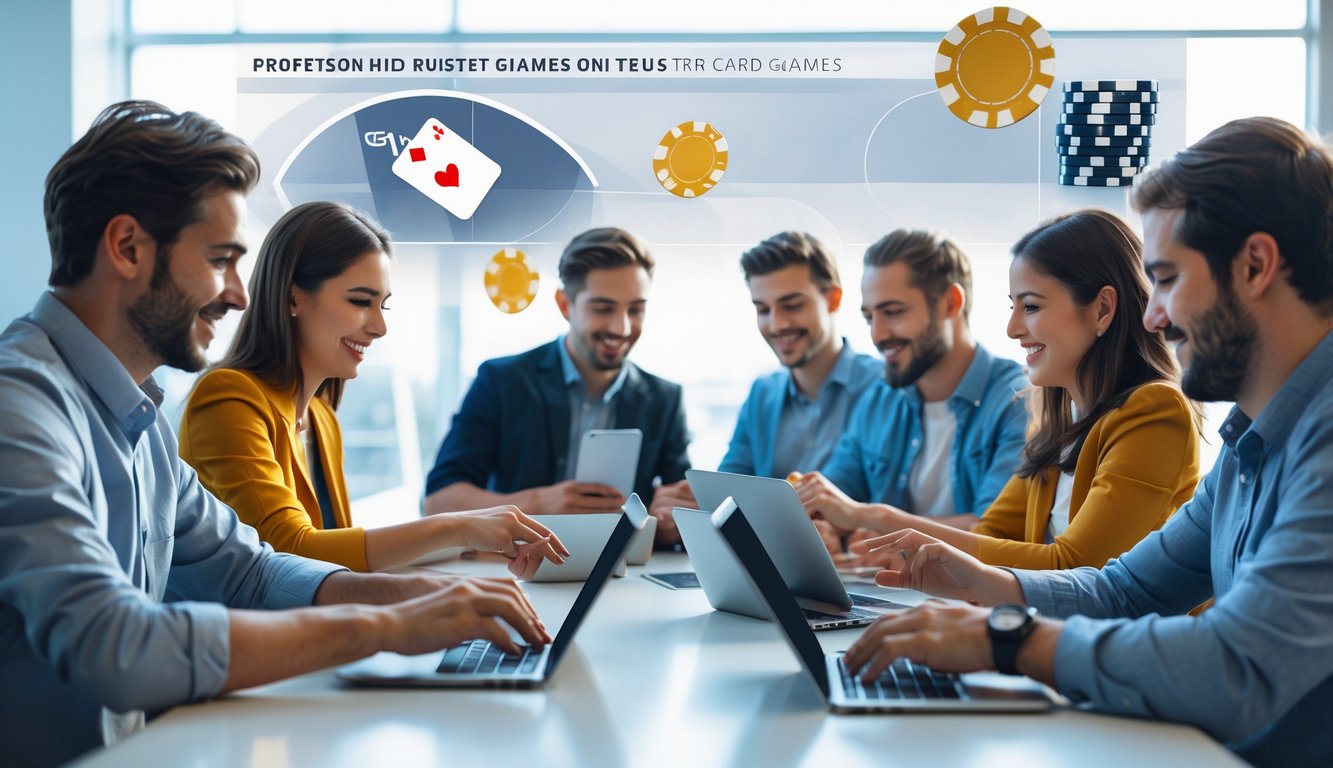 Sekelompok orang bermain permainan kartu secara online menggunakan laptop dan tablet di ruang modern yang terang dan rapi.