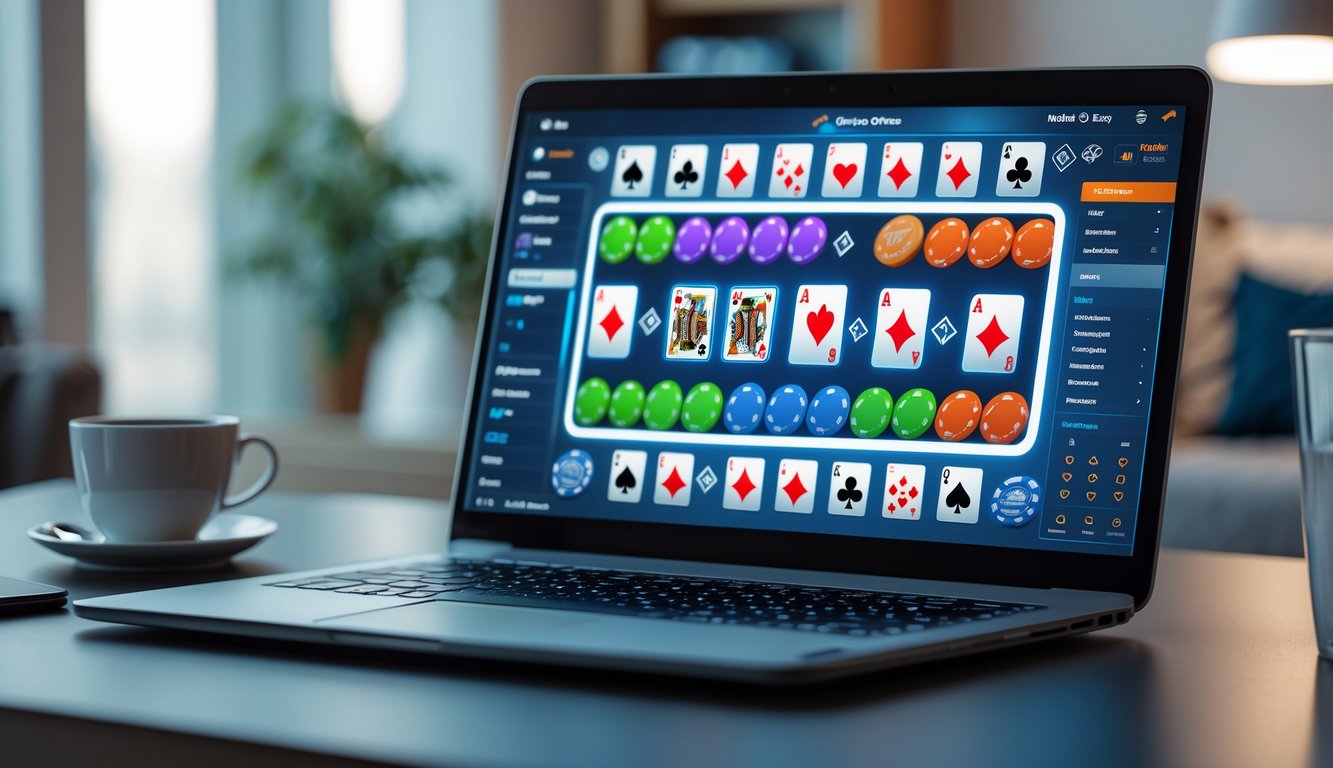 Suasana ruang kerja modern dengan laptop yang menampilkan permainan kartu digital dan perlengkapan minimalis di sekitarnya.