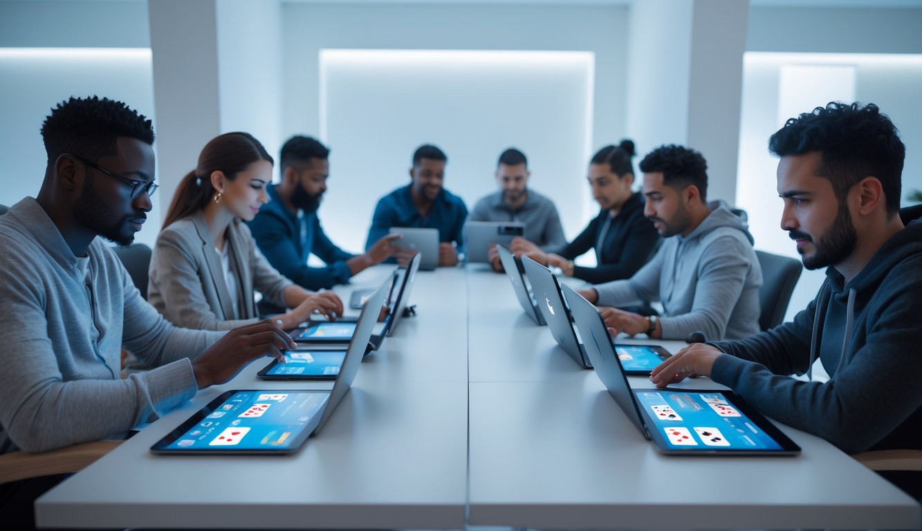 Beberapa orang sedang bermain permainan kartu online di perangkat digital dalam ruangan yang nyaman.