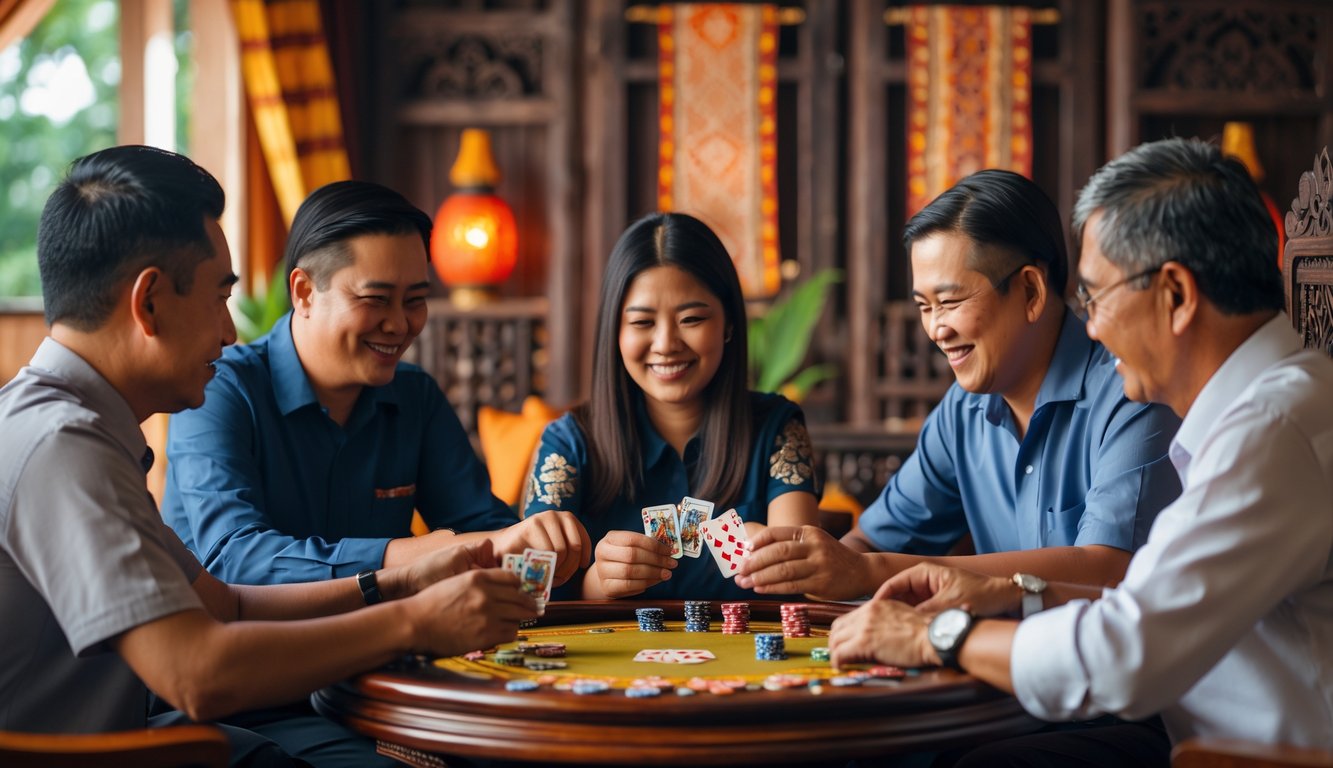 Sekelompok orang dewasa Indonesia duduk mengelilingi meja bermain Bandar Ceme dengan kartu dan chip di ruangan yang hangat dan dekorasi tradisional.