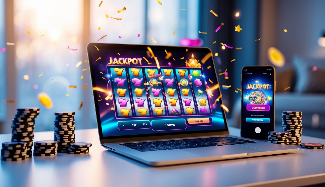 Seorang pemain menggunakan komputer dengan tampilan permainan jackpot online yang penuh warna dan peralatan bermain seperti chip poker dan kartu di meja.
