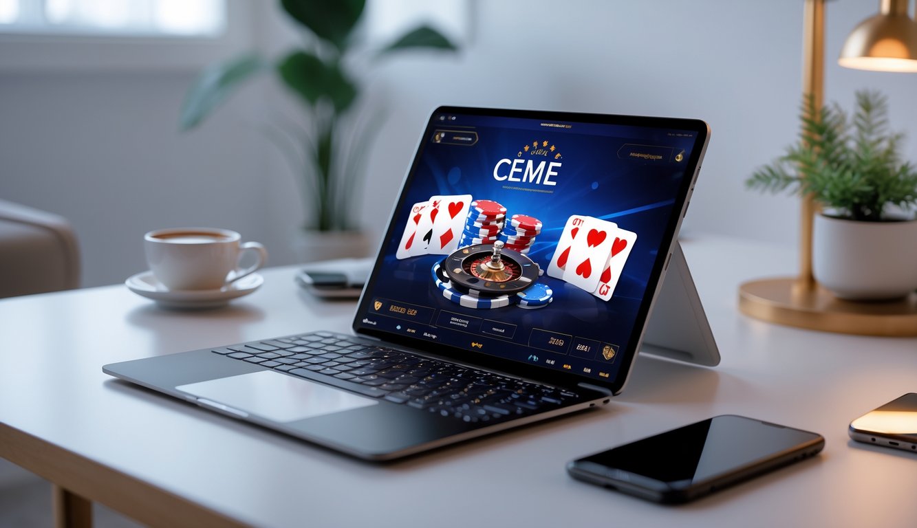 Seseorang menggunakan laptop dengan permainan kartu Ceme online di layar dalam ruangan yang nyaman dan terang.