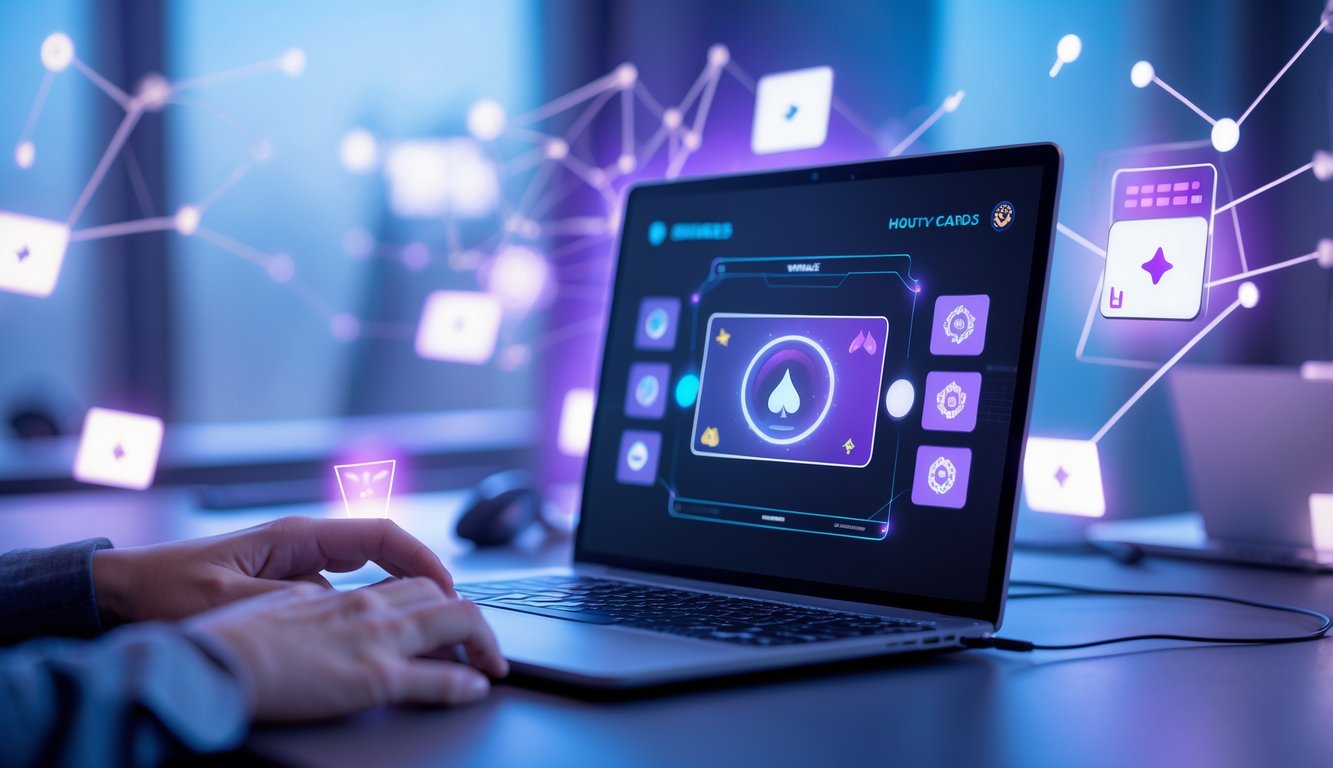 Seorang pengguna duduk di depan laptop dengan permainan kartu virtual di layar, dikelilingi oleh elemen digital yang melambangkan akses online tanpa batas.