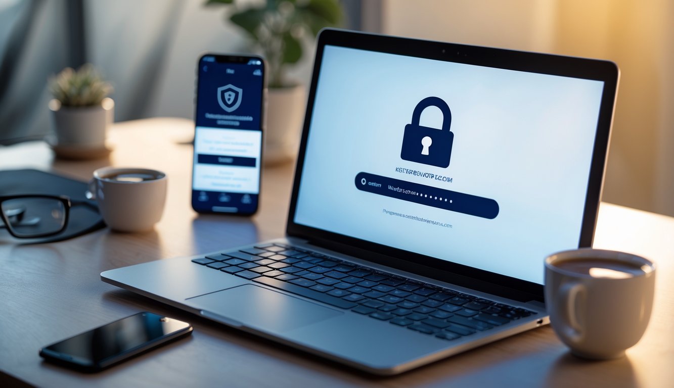 Seorang profesional bekerja dengan laptop di meja kerja yang rapi, menunjukkan suasana aman dan terpercaya untuk transaksi online.