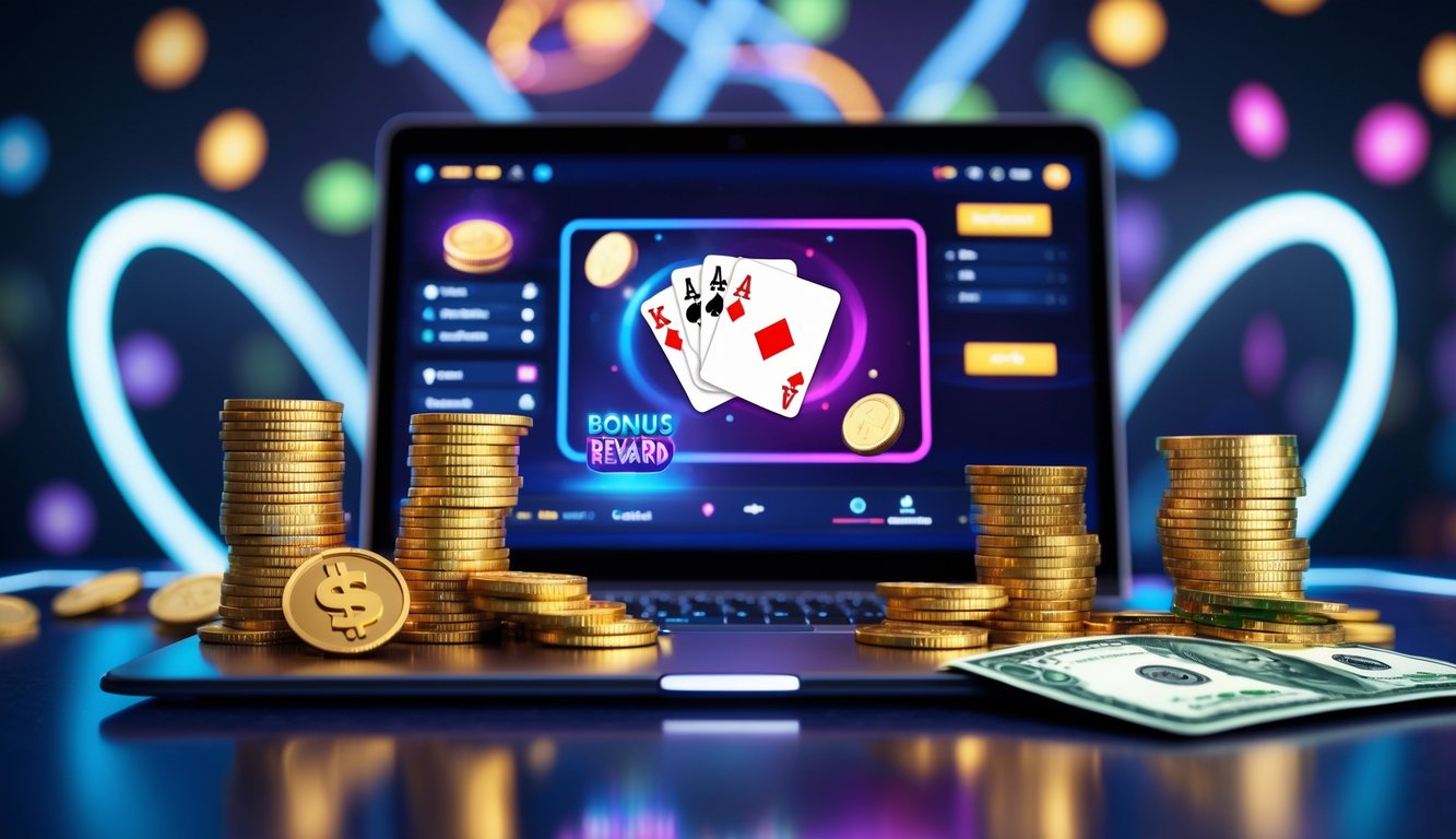 Seseorang sedang bermain permainan kartu online dengan tumpukan chip poker dan koin emas di meja.