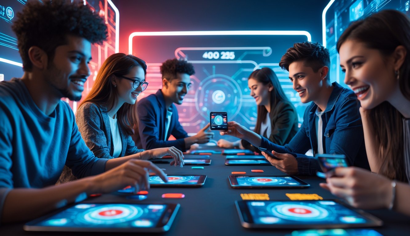 Sekelompok orang muda bermain permainan kartu online di ruangan modern dengan perangkat digital.