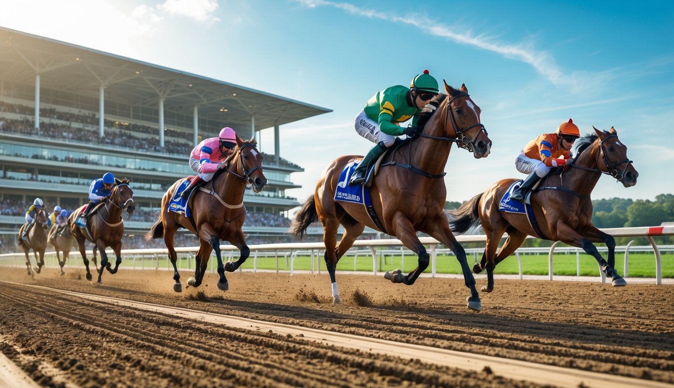 Adegan balap kuda dengan beberapa kuda dan joki yang sedang berlari cepat di lintasan balap dengan penonton di tribun.