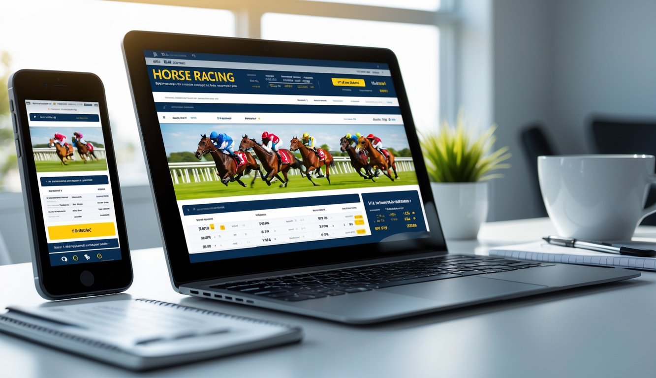Seseorang menggunakan laptop dan smartphone untuk memasang taruhan balap kuda online di meja kerja yang rapi dengan latar belakang balapan kuda.