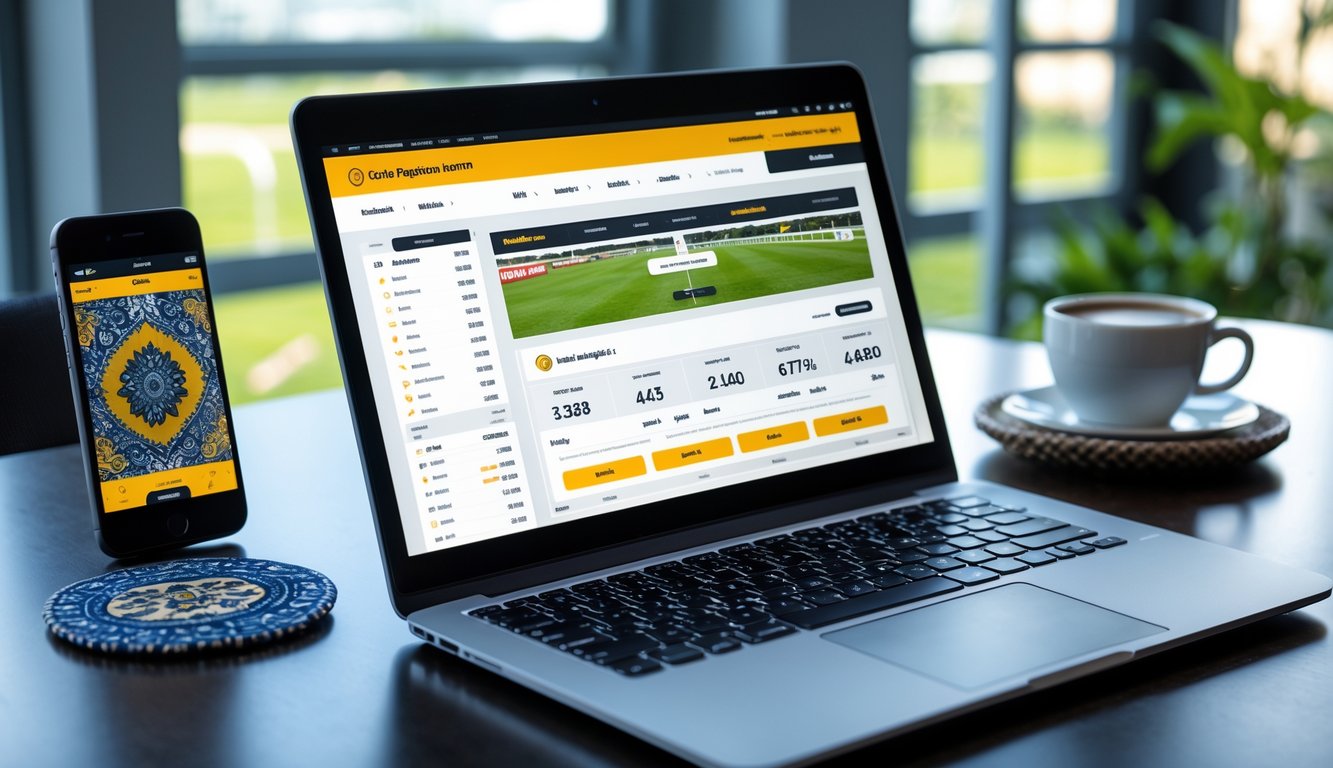 Seorang pria menggunakan laptop dan ponsel untuk memasang taruhan balap kuda online dengan latar meja kerja yang rapi dan elemen budaya Indonesia.