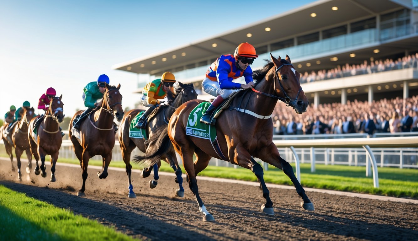 Beberapa kuda pacuan berlari cepat di lintasan dengan joki memakai pakaian berwarna-warni, penonton terlihat di tribun di latar belakang.