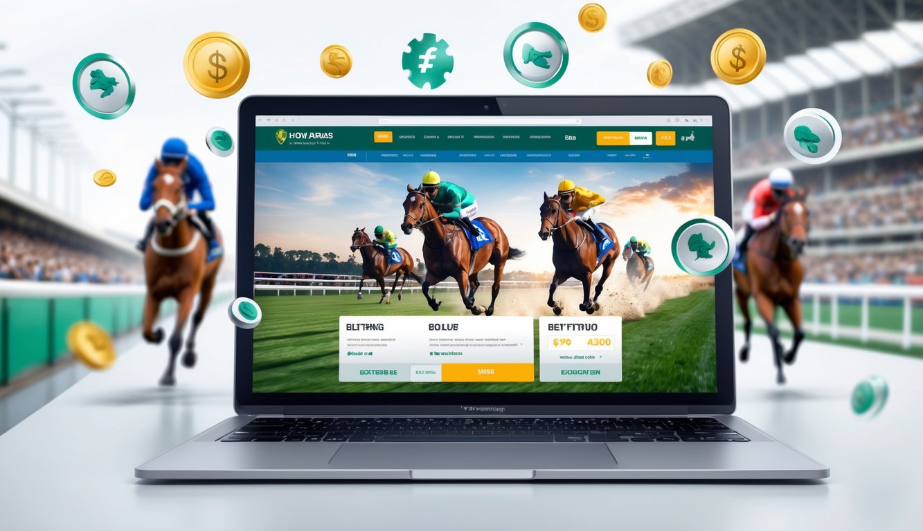 Sebuah layar komputer menampilkan situs balap kuda online dengan latar belakang kuda berlari di lintasan dan suasana penuh semangat.