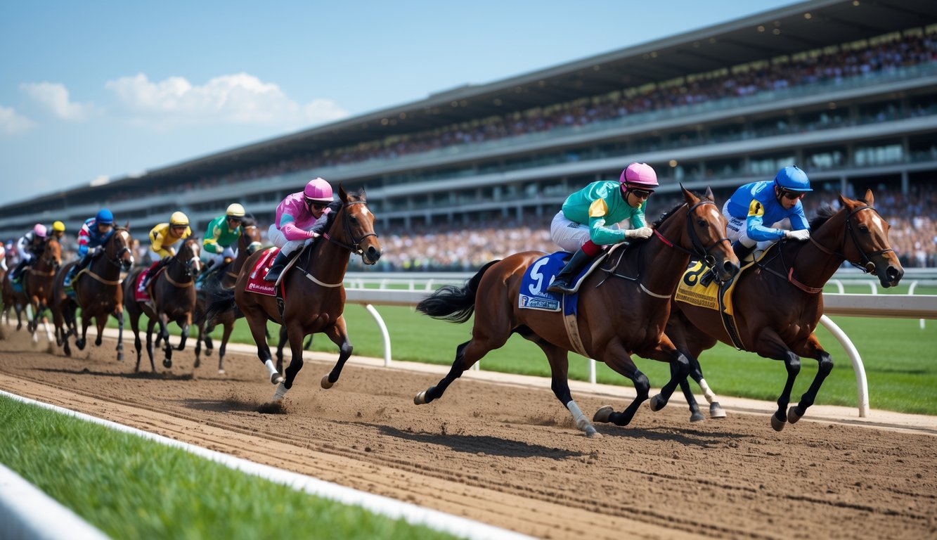 Beberapa kuda pacuan sedang berlari cepat di lintasan balap dengan joki mengenakan pakaian warna-warni dan penonton di tribun.