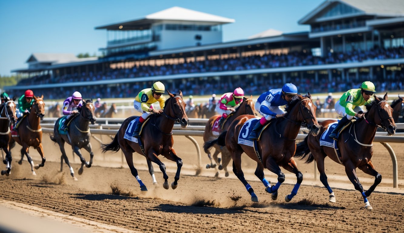 Beberapa kuda pacuan dengan joki berwarna-warni sedang berlari cepat di lintasan balap dengan penonton di tribun belakang.