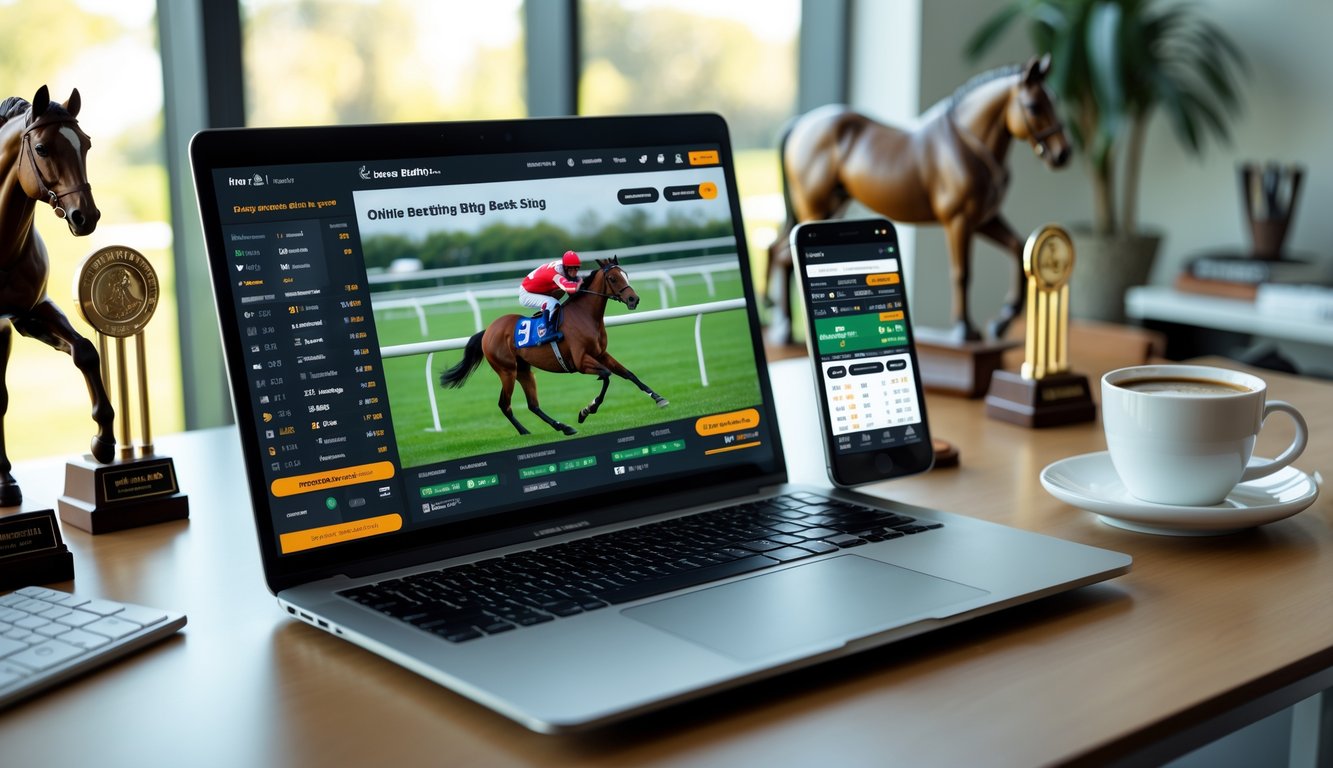 Sebuah ruang kerja modern dengan laptop dan ponsel yang menampilkan aplikasi taruhan kuda online, di meja terdapat patung kuda dan piala balap.