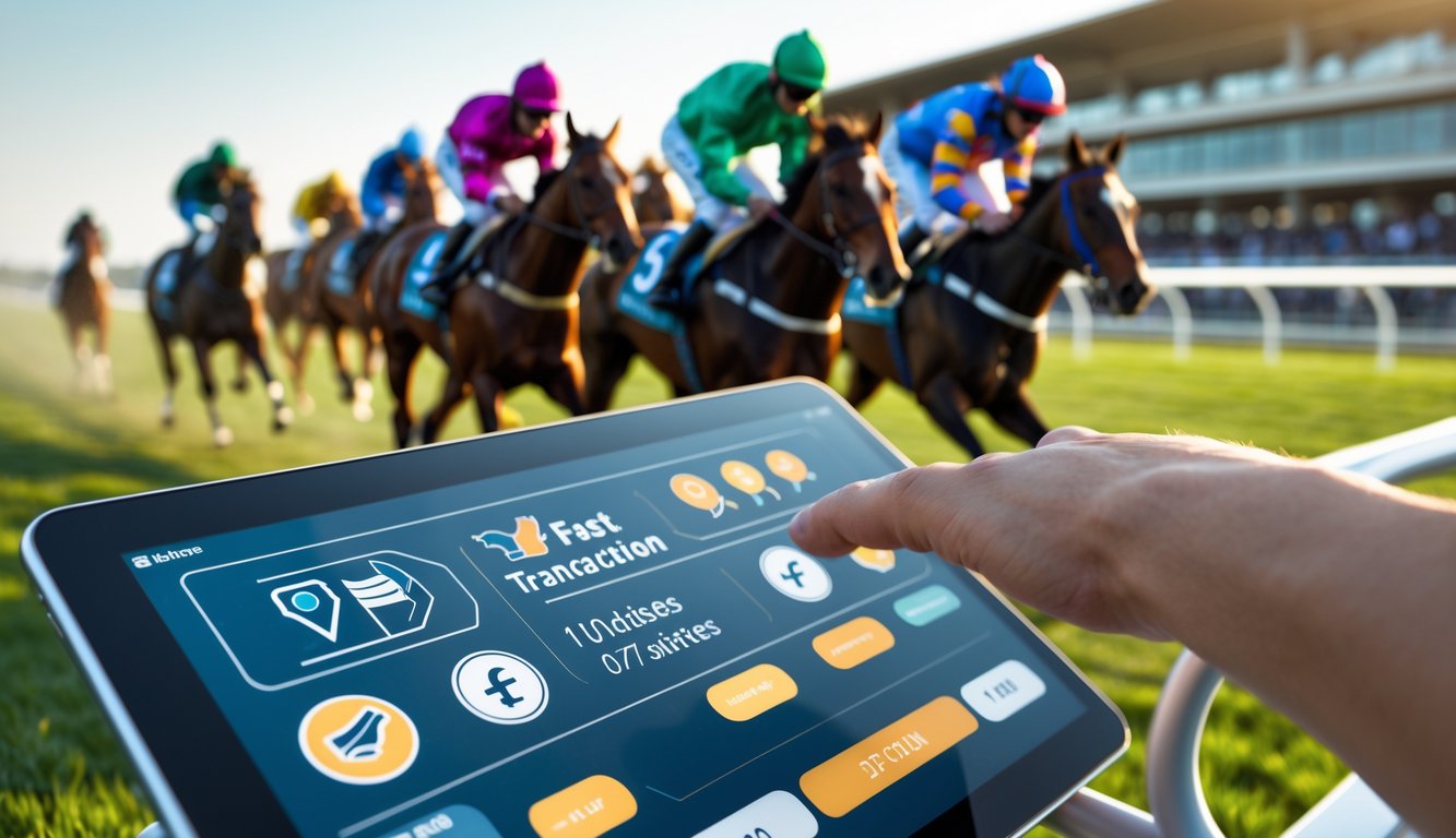 Layar digital menampilkan ikon transaksi cepat dengan latar belakang balapan kuda yang sedang berlangsung di lintasan.