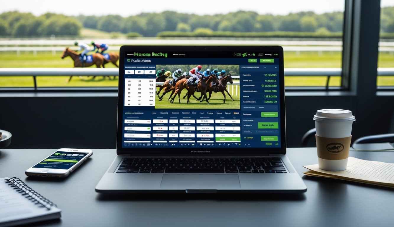 Seorang pria sedang menggunakan laptop dan ponsel di meja dengan latar belakang trek balap kuda yang sedang berlangsung.