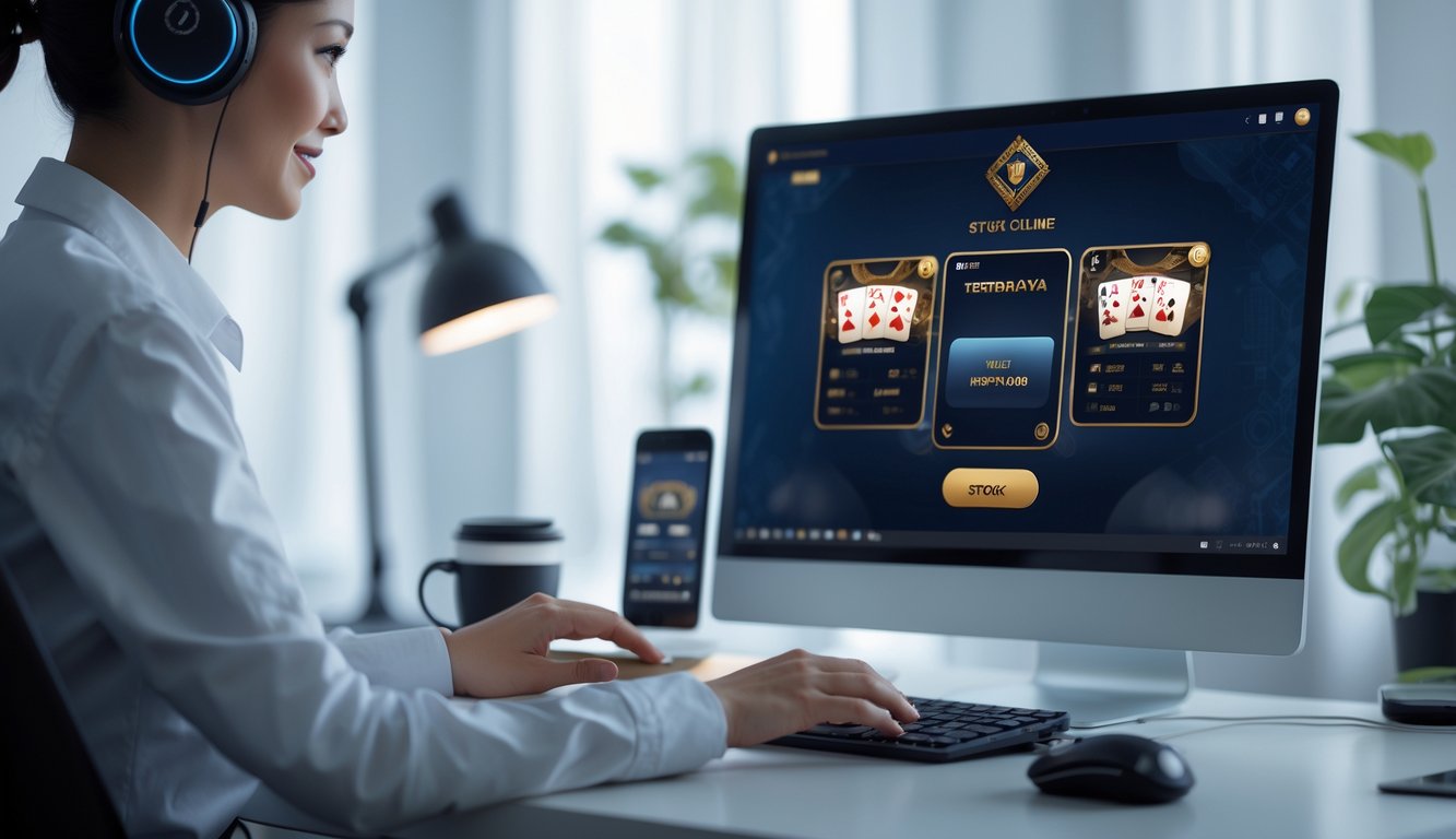 Seseorang sedang menggunakan laptop untuk bermain permainan kartu online di meja kerja yang rapi.