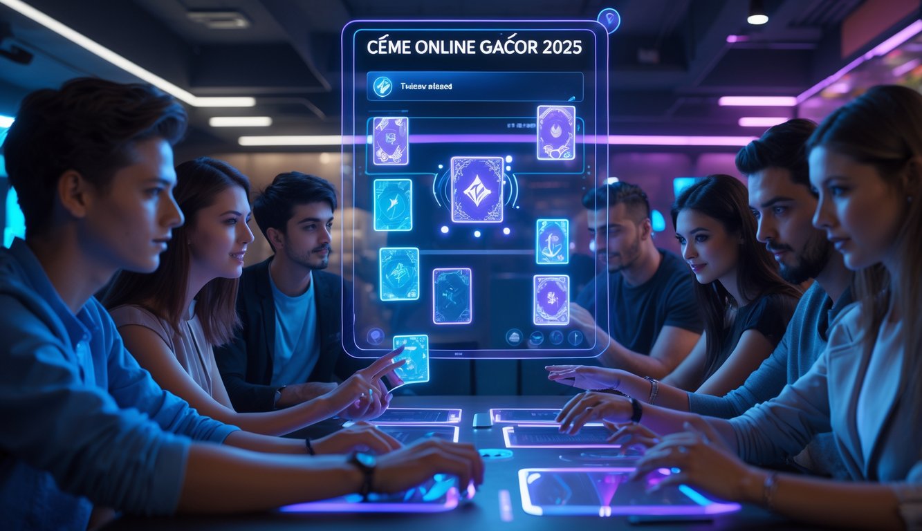 Sekelompok orang muda sedang bermain game kartu online di ruangan dengan layar digital futuristik dan pencahayaan neon.