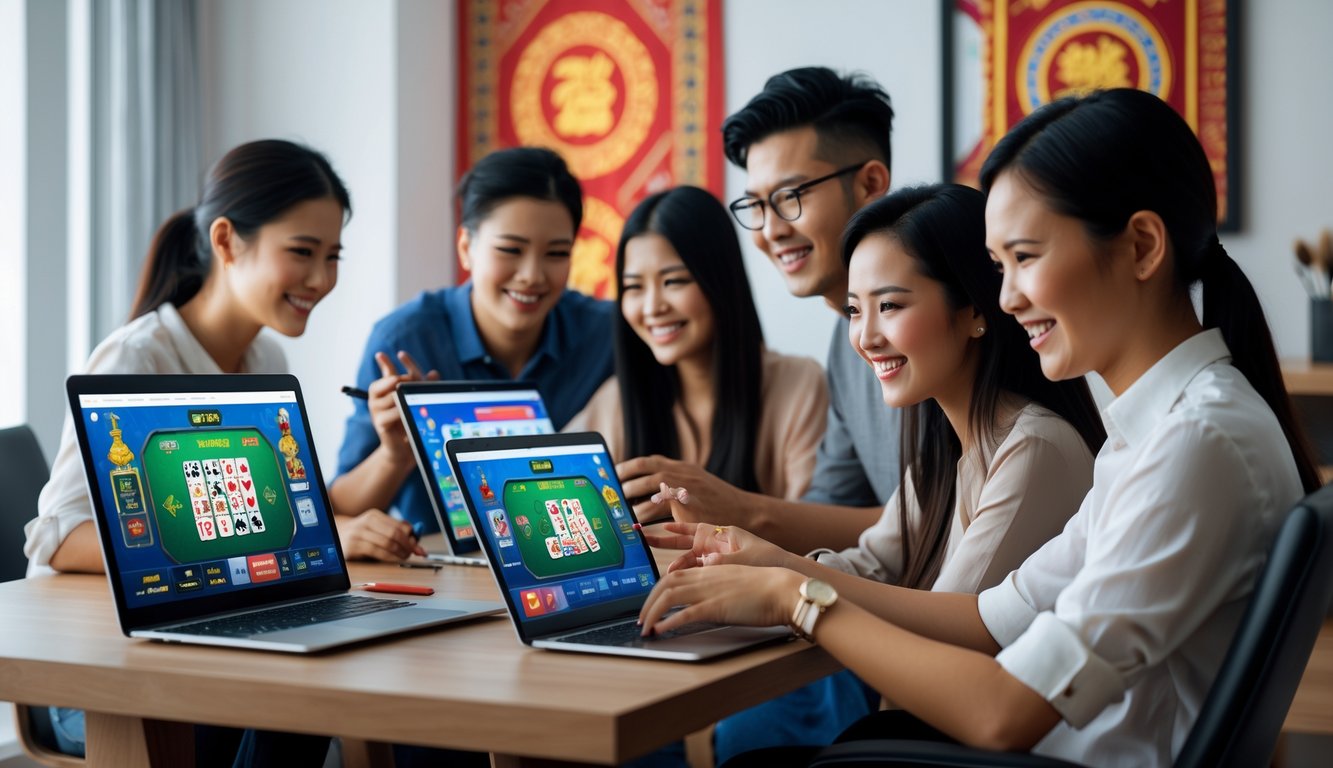 Sekelompok orang muda bermain permainan kartu Ceme secara online di ruang kerja modern dengan perangkat digital.