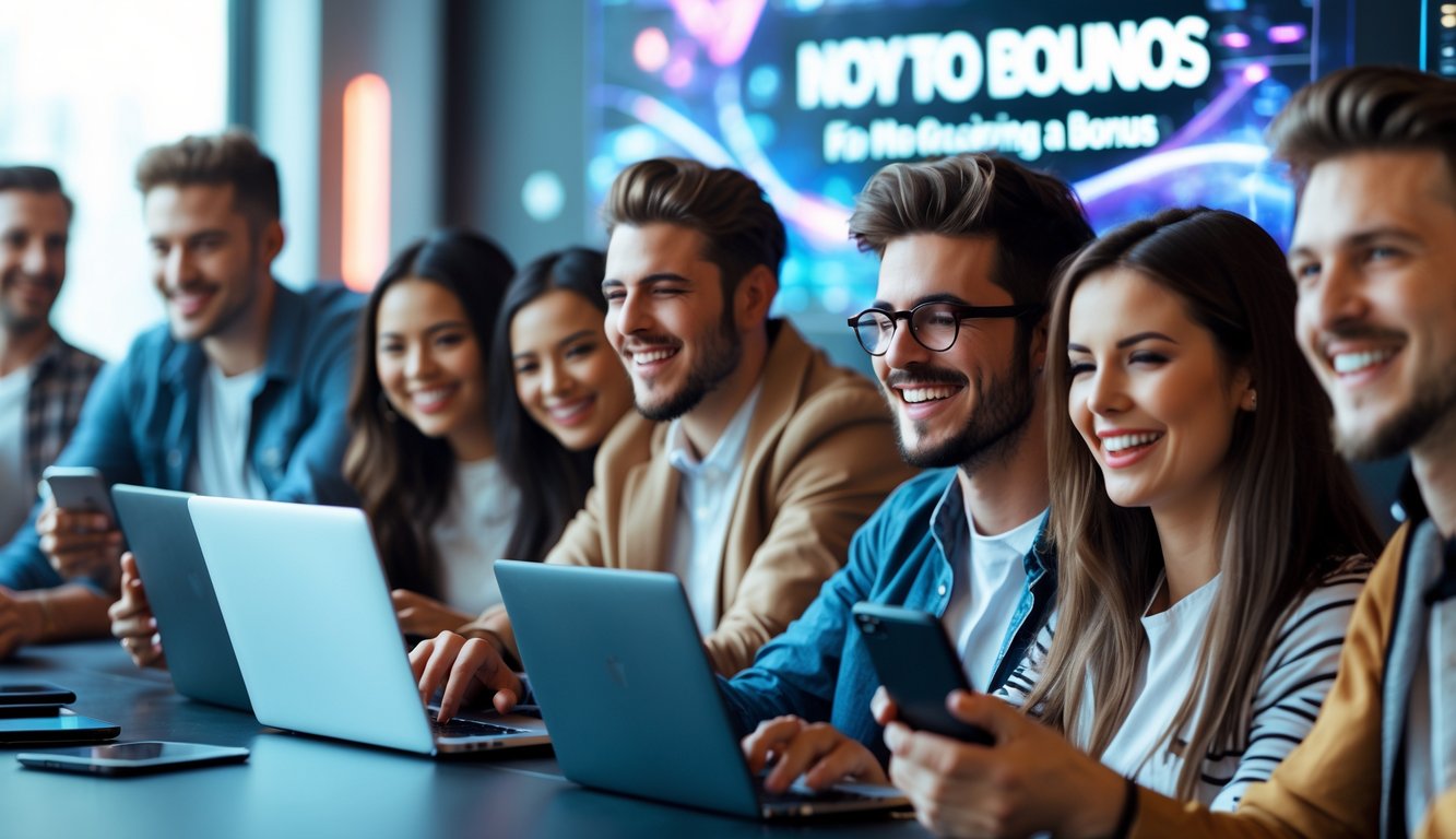 Sekelompok orang muda yang tersenyum menggunakan perangkat digital dalam suasana santai dan ceria.