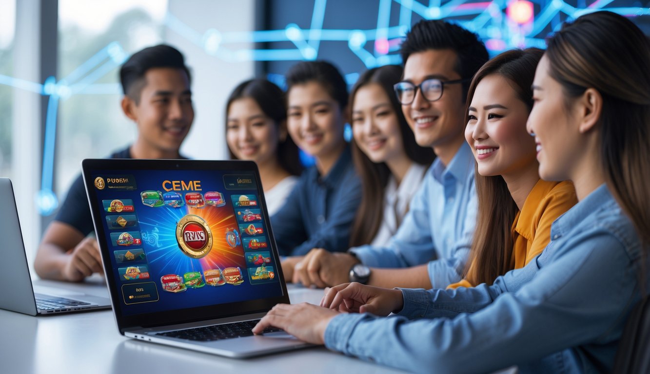 Orang-orang muda menggunakan laptop untuk bermain game kartu online dalam suasana yang cerah dan profesional.